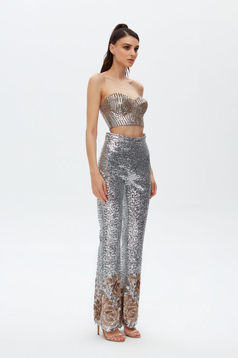 SILVER SEQUIN HIGH WAIST FLARED TROUSERS
